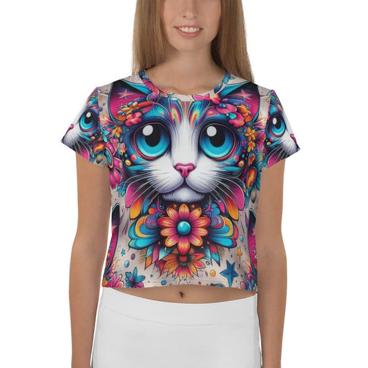"Women's Retro Psychedelic Cat Crop Tee - Add a Groovy Twist to Your Wardrobe!" - AIBUYDESIGN