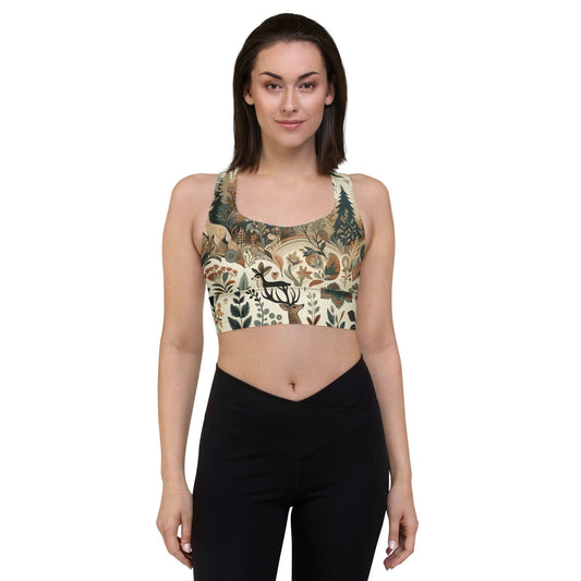 "Woodland Whimsy: Women's Vintage Forest Meadow Print Longline Sports Bra" - AIBUYDESIGN