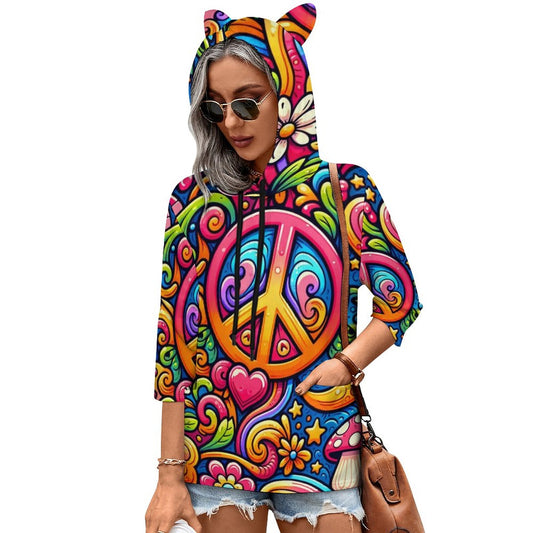 Cute Vibrant Boho Colorful Hippy Symbol Cat-Eared Hoodie