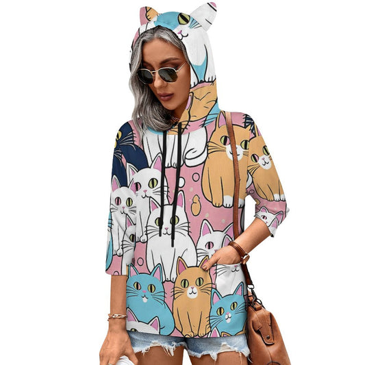 Artsy Colorful Pastel Cats Galore Cat-Eared Hoodie